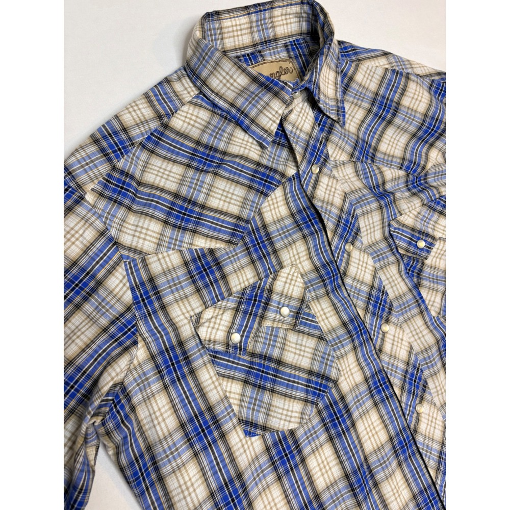 Wrangler Mens Blue Tan Plaid Short Sleeve Western Pearl Snap Shirt WM859BT M